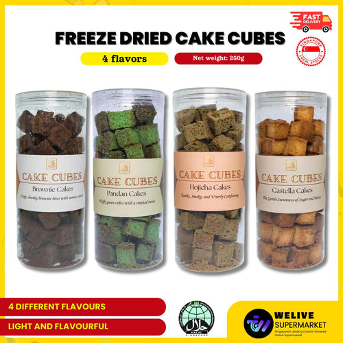 CNY Freeze Dried Cake Cubes | Halal Friendly Snack | 250g | Brownies | Pandan | Hojicha | Castella | Snacks