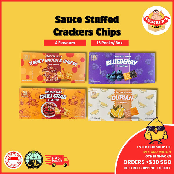 Saucy Stuffed Crackers | 16 packs | halal friendly | durian/ chilli crab/ blueberry/ turkey bacon cheese