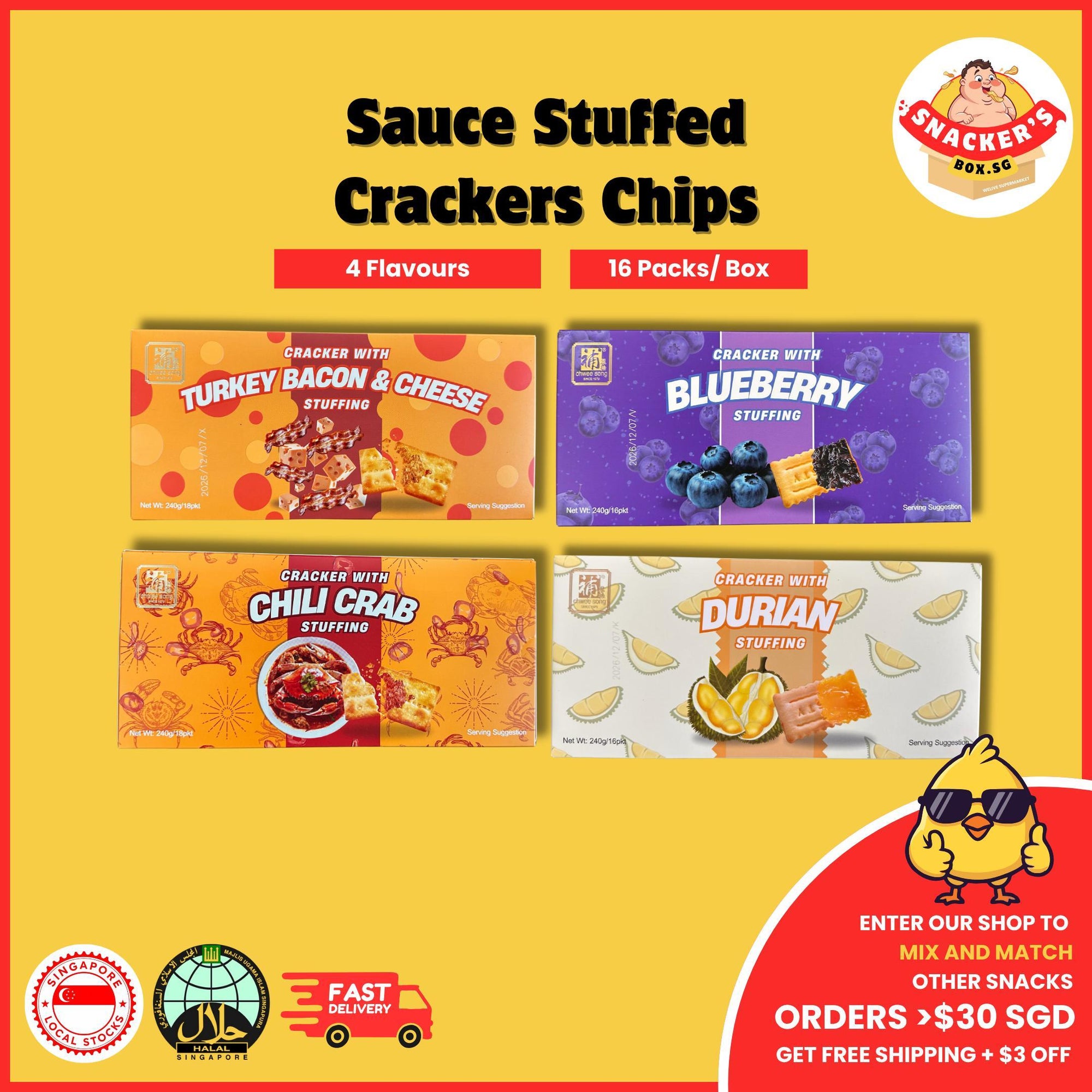 Saucy Stuffed Crackers | 16 packs | halal friendly | durian/ chilli crab/ blueberry/ turkey bacon cheese