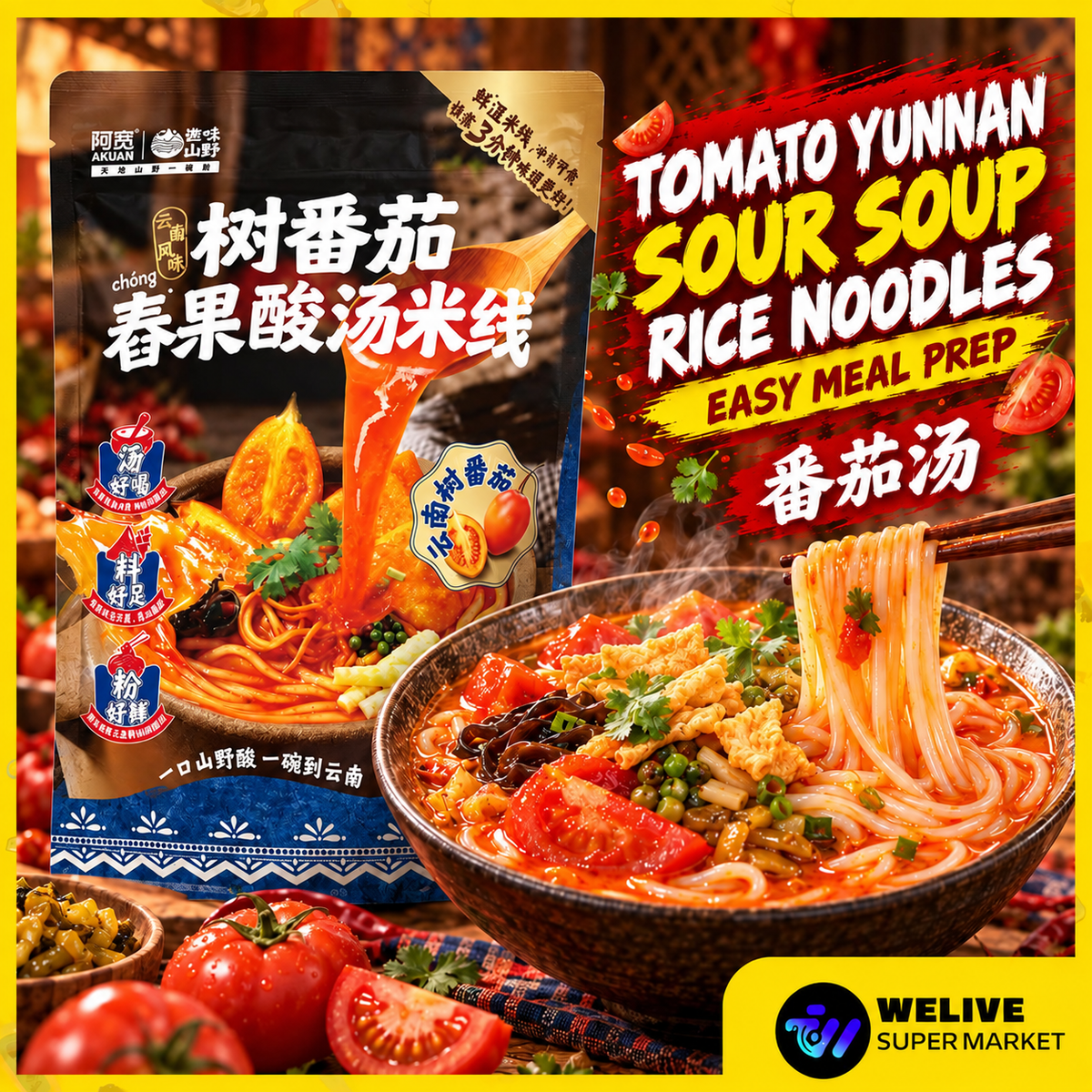 A'KUAN Tomato Yunnan Sour Soup Rice Noodles | Instant Food / Noodle | Easy Meal Prep | 番茄汤