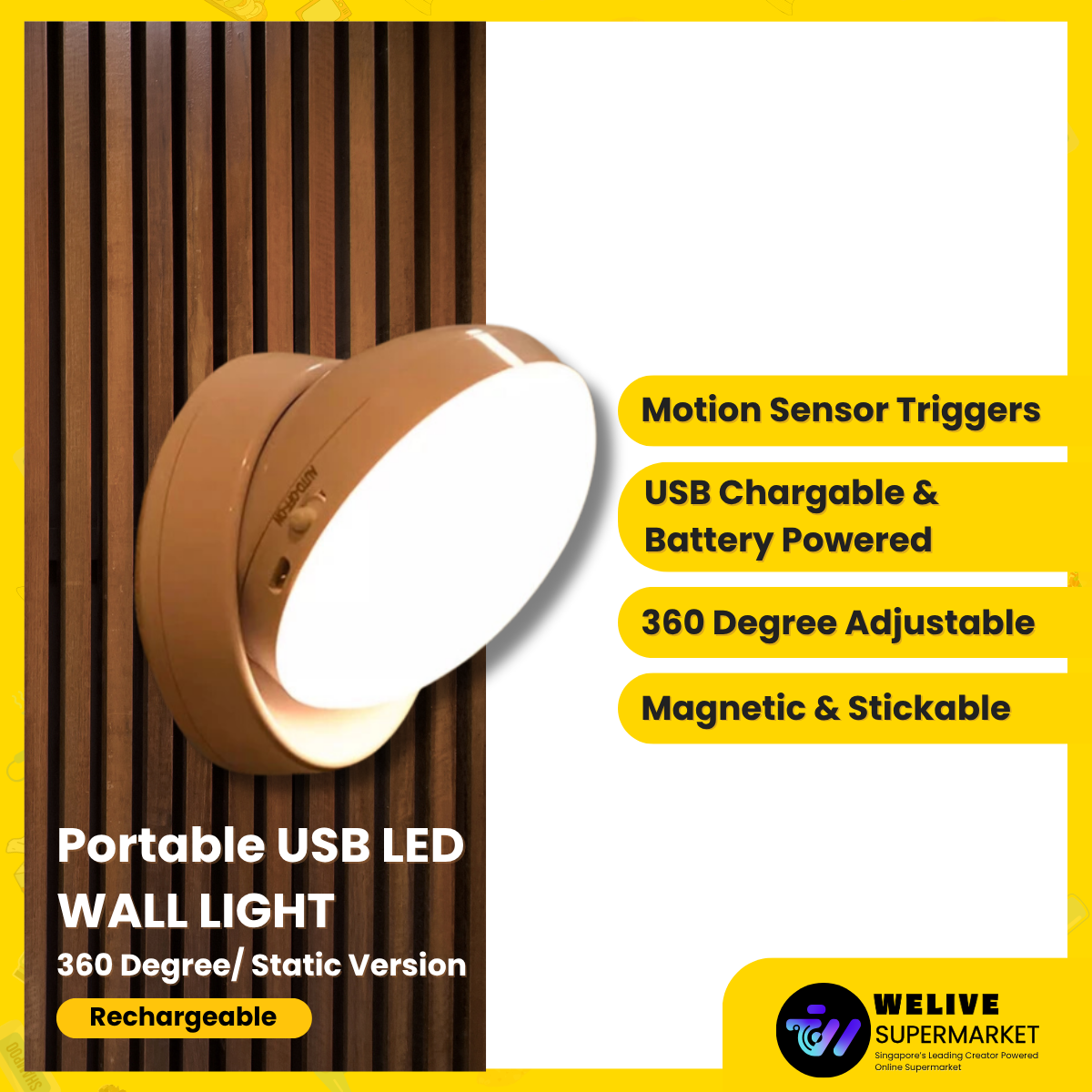 Portable USB LED Wall Light – Motion Sensor, 360° Rotatable, Rechargeable