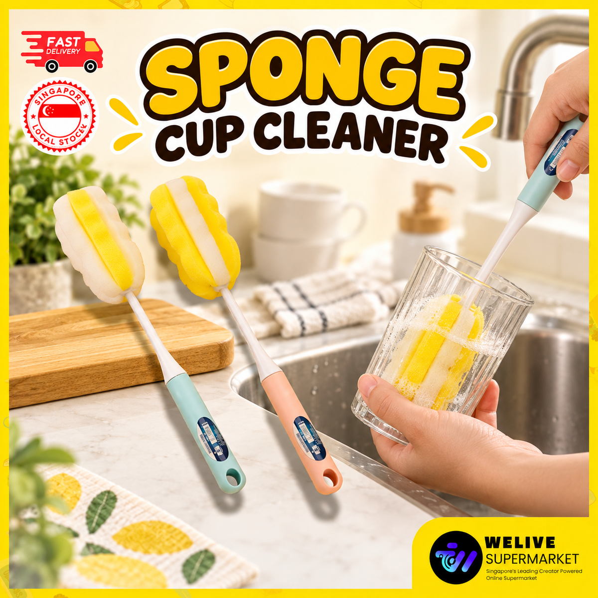 33cm Sponge Cup Brush | Long-Handle Bottle & Tumbler Cleaner
