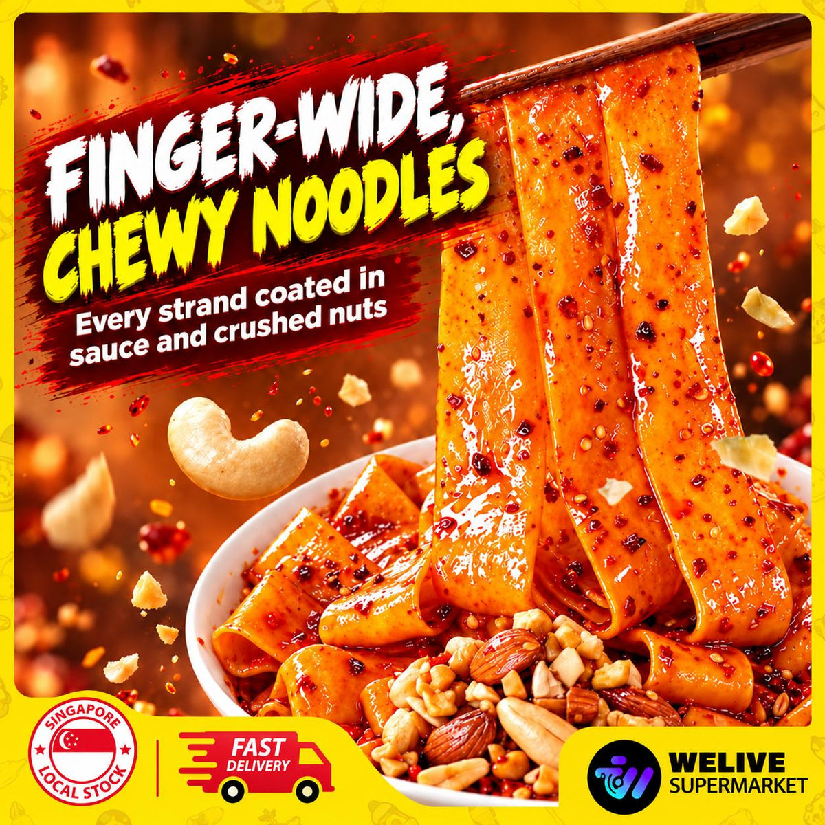 A’KUAN Nutty & Crunchy Spicy Mala Dry Mixed Instant Noodle | Nutty Chilli Oil Flavour | Chewy Broad Noodles | Convenient Meal