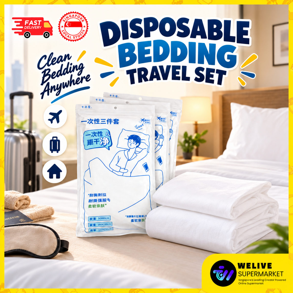 3pc Disposable Travel Bedding Set | Pillow Cover, Quilt Cover & Sheet