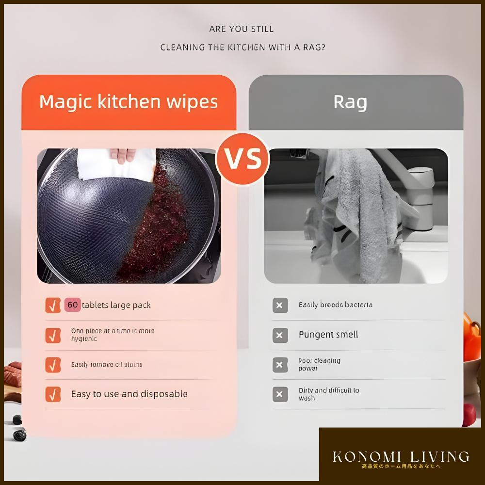 [BUY 15 FREE 5] Magic Kitchen Cleaning Wipes (60 PCS) | Strong Degreasing | Oil Removal | Hygienic Disposable Wipes | Alcohol Free | Bleach Free | Skin Safe | Value Pack | Fast Cleaning