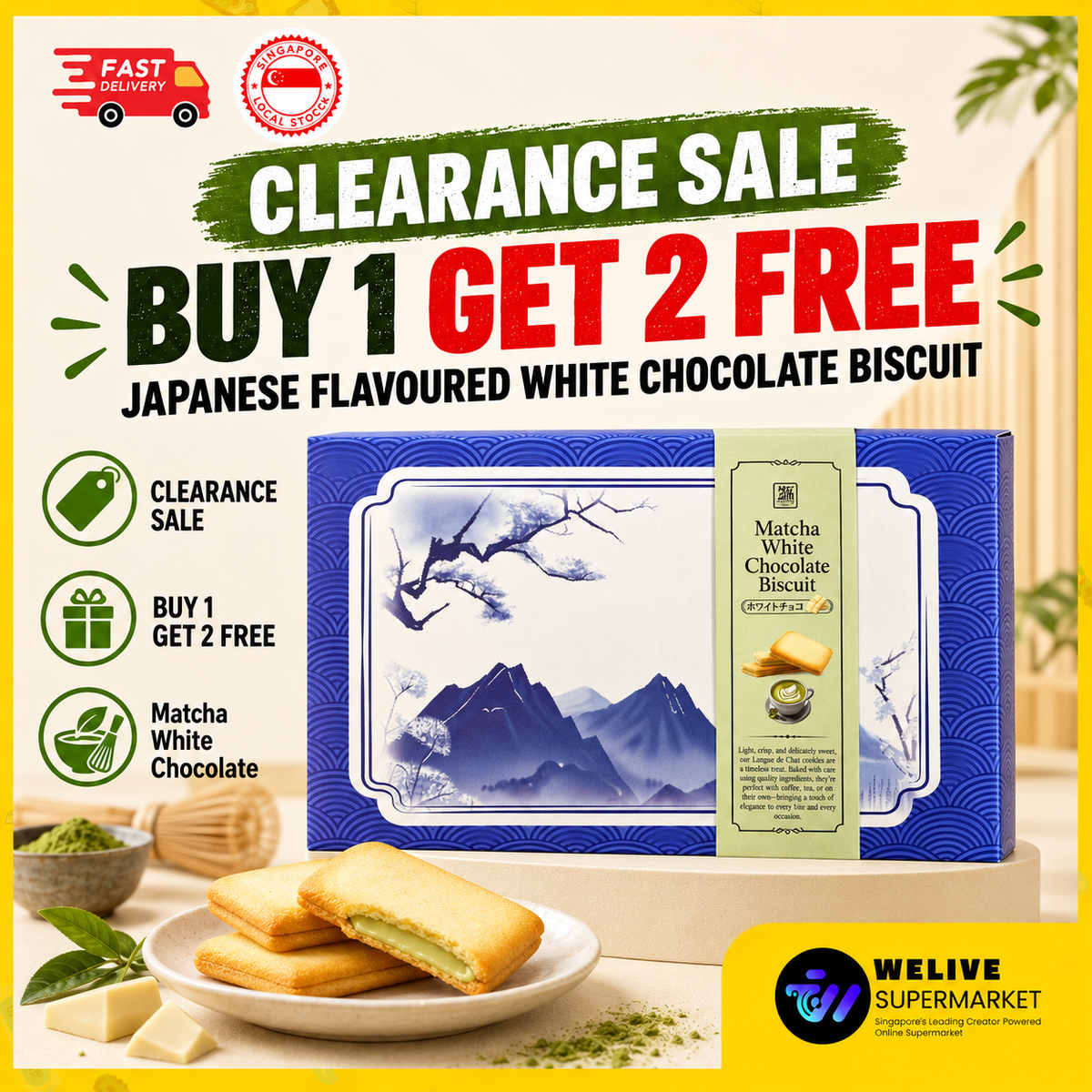 Japanese Langue White Chocolate Biscuits | Matcha, Strawberry & Mint | Halal