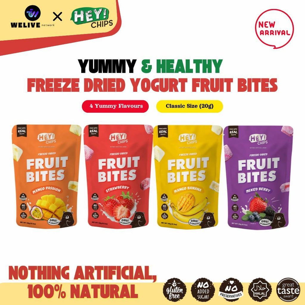Hey! Chips 100% Yogurt Fruit Bites Bundle – 4 Flavours | Freeze‑Dried Real Yogurt | No Sugar, Halal