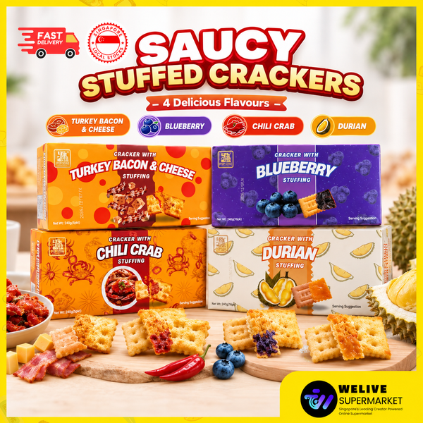 Saucy Stuffed Crackers 16 Packs | Durian, Chilli Crab, Turkey Bacon & Blueberry
